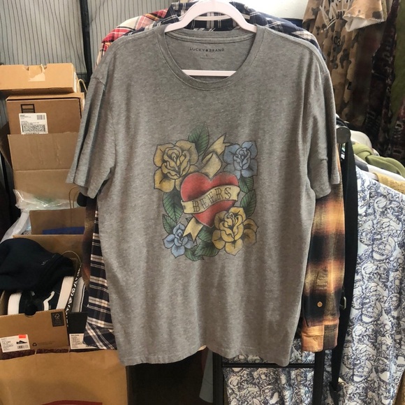 Lucky Brand Gray Graphic Tee with Heart and Flowers “Trditional Tatoo” - Picture 1 of 4